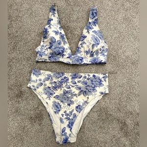Aerie white floral triangle tie high waisted bikini eyelet blue